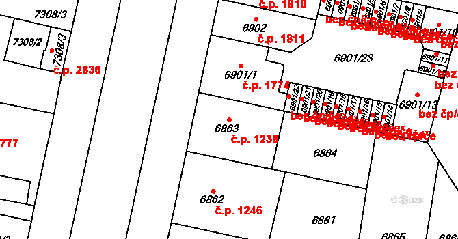 Jižní Předměstí 1238, Plzeň na parcele st. 6863 v KÚ Plzeň, Katastrální mapa