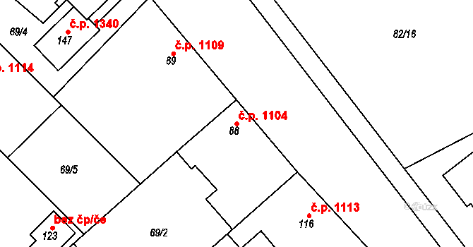 Litovel 1104 na parcele st. 88 v KÚ Chořelice, Katastrální mapa