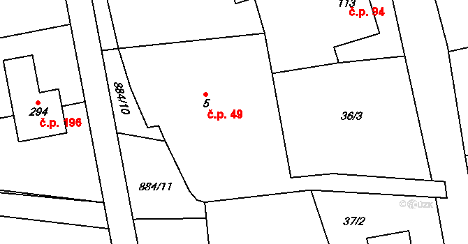 Vlčovice 49, Kopřivnice na parcele st. 5 v KÚ Vlčovice, Katastrální mapa