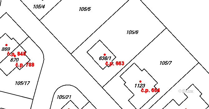 Bašť 663 na parcele st. 638/1 v KÚ Bašť, Katastrální mapa