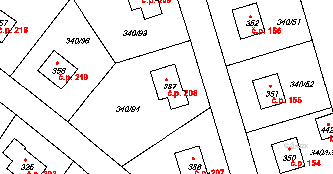 Zlončice 208 na parcele st. 387 v KÚ Zlončice, Katastrální mapa