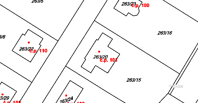 Vinařice 101, Týnec nad Labem na parcele st. 263/20 v KÚ Vinařice u Týnce nad Labem, Katastrální mapa