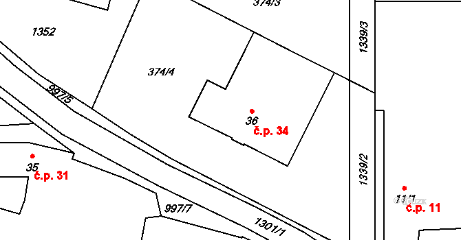 Louka 34, Jemnice na parcele st. 36 v KÚ Louka u Jemnice, Katastrální mapa