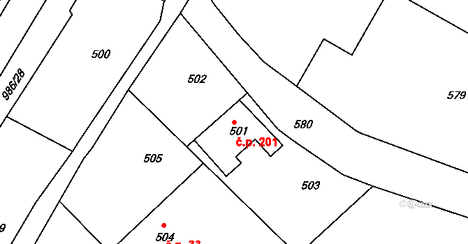 Štípa 201, Zlín na parcele st. 501 v KÚ Štípa, Katastrální mapa