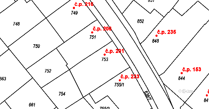 Huštěnovice 201 na parcele st. 753 v KÚ Huštěnovice, Katastrální mapa