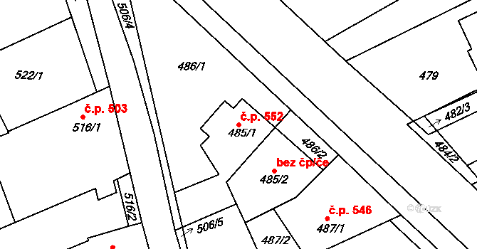 Buchlovice 552 na parcele st. 485/1 v KÚ Buchlovice, Katastrální mapa
