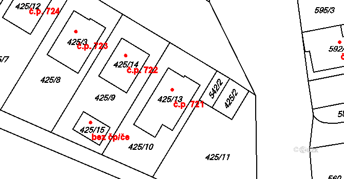 Mikulčice 721 na parcele st. 425/13 v KÚ Mikulčice, Katastrální mapa