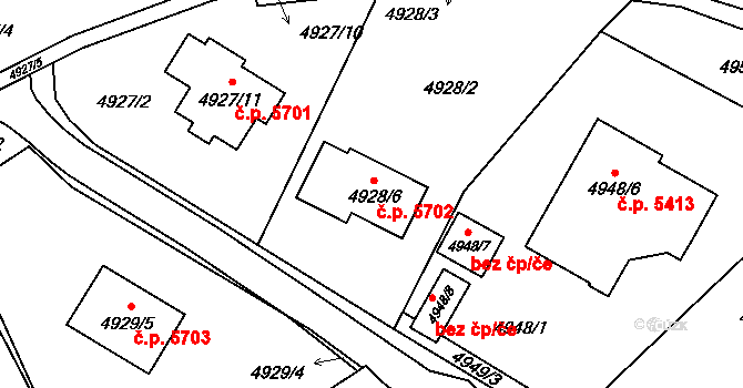 Chomutov 5702 na parcele st. 4928/6 v KÚ Chomutov I, Katastrální mapa