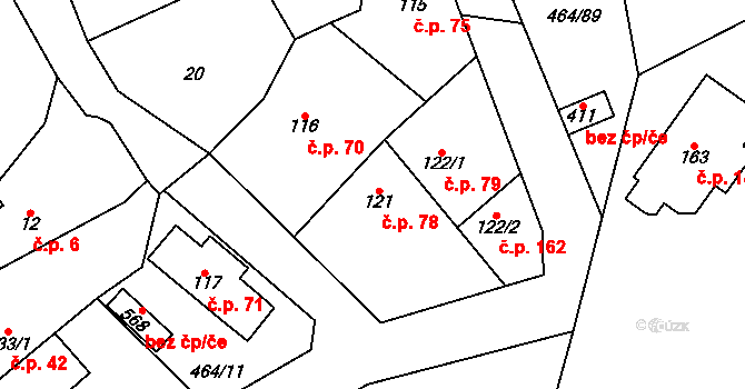 Třebotov 78 na parcele st. 121 v KÚ Třebotov, Katastrální mapa