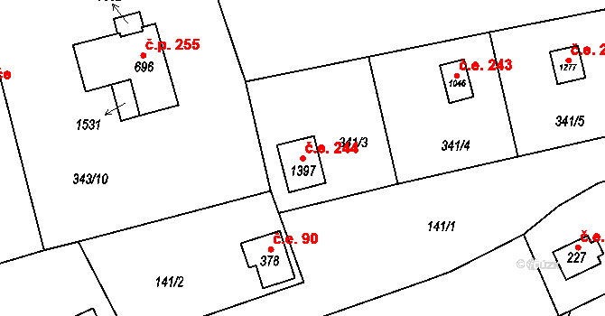 Dolní Jirčany 244, Psáry na parcele st. 1397 v KÚ Dolní Jirčany, Katastrální mapa