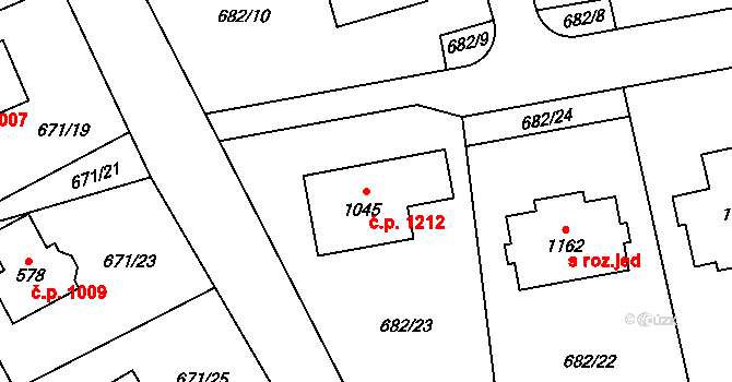 Hlubočinka 1212, Sulice na parcele st. 1045 v KÚ Sulice, Katastrální mapa