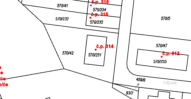 Stehelčeves 314 na parcele st. 570/251 v KÚ Stehelčeves, Katastrální mapa