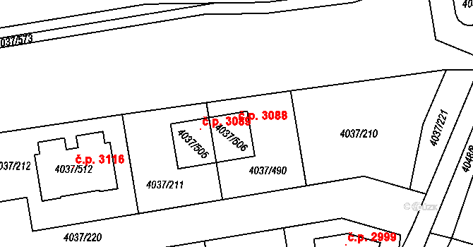 Horní Počernice 3088, Praha na parcele st. 4037/506 v KÚ Horní Počernice, Katastrální mapa
