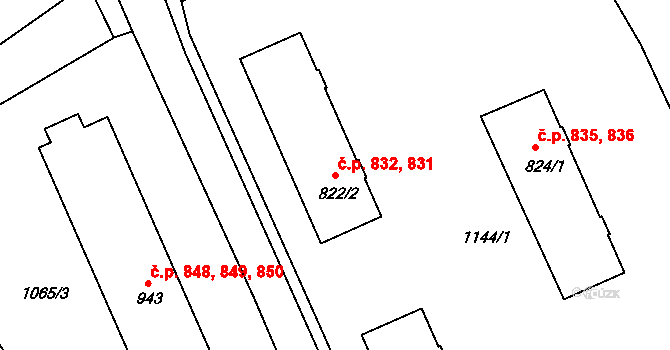 Vamberk 831,832 na parcele st. 822/2 v KÚ Vamberk, Katastrální mapa