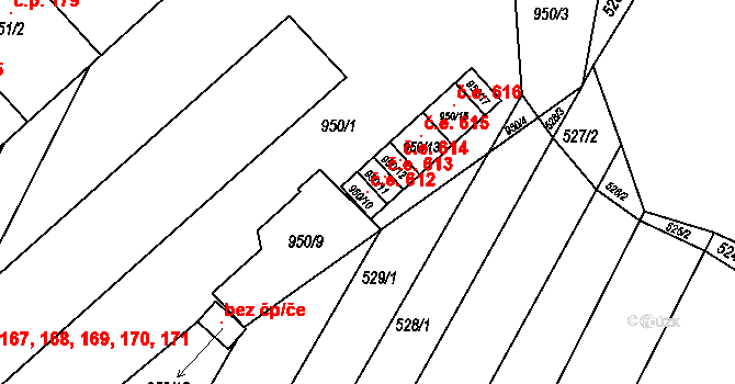 Horákov 612, Mokrá-Horákov na parcele st. 950/10 v KÚ Horákov, Katastrální mapa