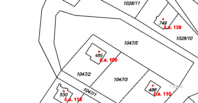 Vranov nad Dyjí 109 na parcele st. 485 v KÚ Vranov nad Dyjí, Katastrální mapa