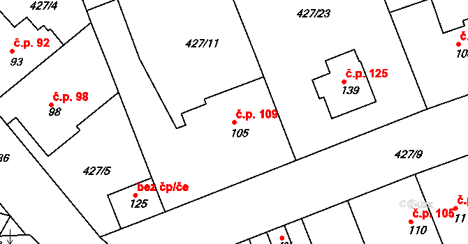 Makotřasy 109 na parcele st. 105 v KÚ Makotřasy, Katastrální mapa