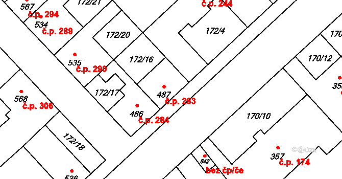 Humny 283, Pchery na parcele st. 487 v KÚ Pchery, Katastrální mapa
