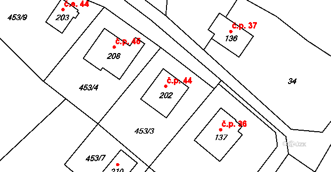 Tichonice 44 na parcele st. 202 v KÚ Tichonice, Katastrální mapa