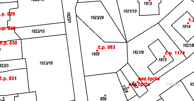 Lomnice nad Popelkou 563 na parcele st. 1409 v KÚ Lomnice nad Popelkou, Katastrální mapa