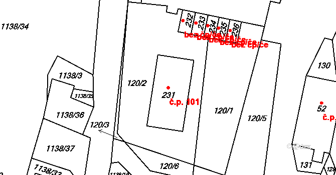 Banín 101 na parcele st. 231 v KÚ Banín, Katastrální mapa