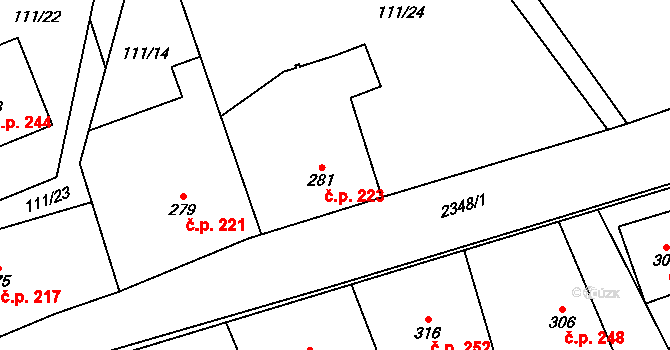Jívová 223 na parcele st. 281 v KÚ Jívová, Katastrální mapa