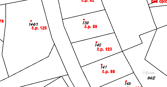 Broumy 123 na parcele st. 140 v KÚ Broumy, Katastrální mapa