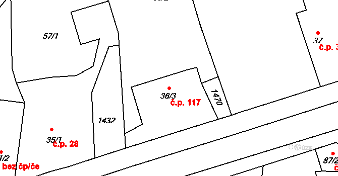 Žeretice 117 na parcele st. 36/3 v KÚ Žeretice, Katastrální mapa