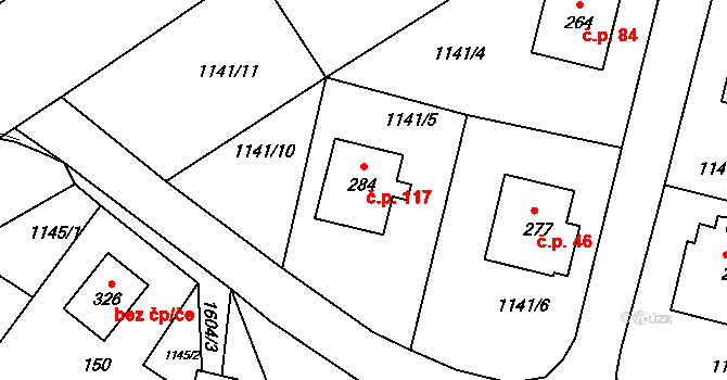 Horní Heřmanice 117 na parcele st. 284 v KÚ Horní Heřmanice v Čechách, Katastrální mapa