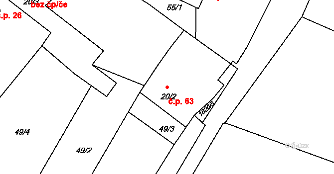 Budíkovice 63, Třebíč na parcele st. 20/2 v KÚ Budíkovice, Katastrální mapa