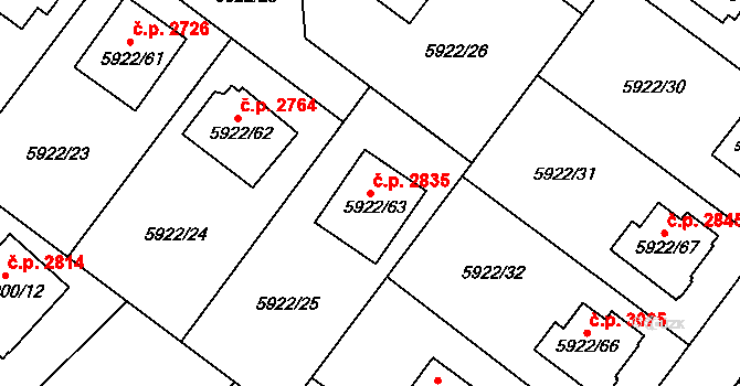 Frýdek 2835, Frýdek-Místek na parcele st. 5922/63 v KÚ Frýdek, Katastrální mapa