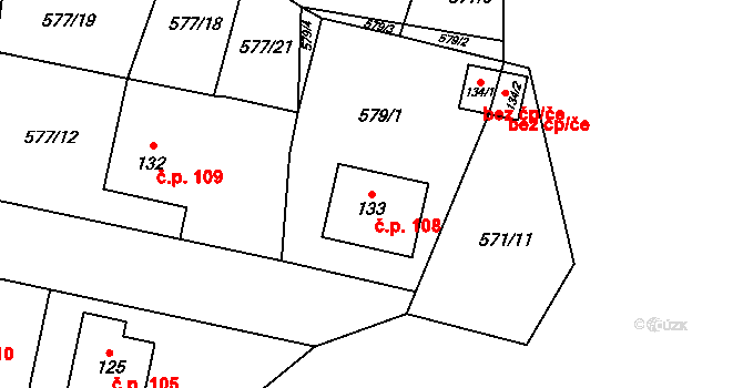 Hrušov 108 na parcele st. 133 v KÚ Hrušov nad Jizerou, Katastrální mapa