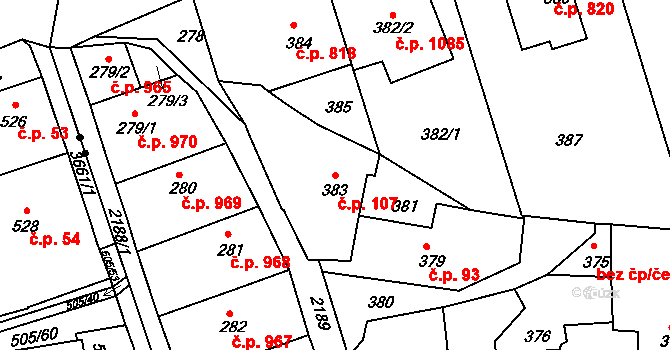 Střešovice 107, Praha na parcele st. 383 v KÚ Střešovice, Katastrální mapa