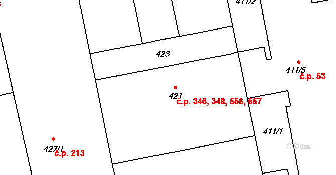Karlín 346,348,556,557, Praha na parcele st. 421 v KÚ Karlín, Katastrální mapa
