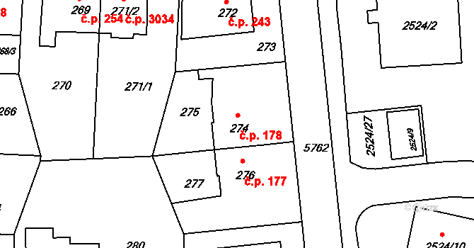 Záběhlice 178, Praha na parcele st. 274 v KÚ Záběhlice, Katastrální mapa