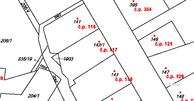 Stará Huť 117 na parcele st. 142/1 v KÚ Stará Huť, Katastrální mapa