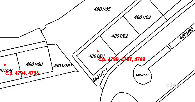 Chomutov 4787,4788,4789 na parcele st. 4801/61 v KÚ Chomutov I, Katastrální mapa