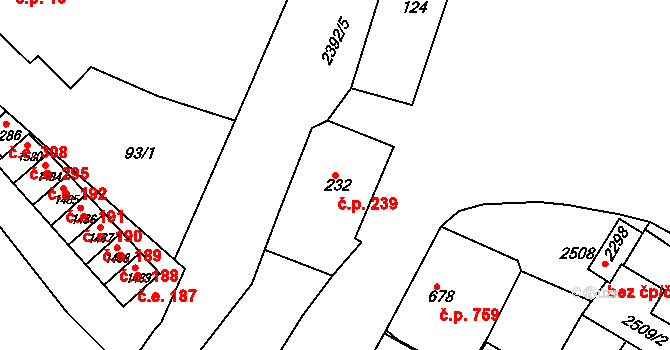 Rosice 239 na parcele st. 232 v KÚ Rosice u Brna, Katastrální mapa