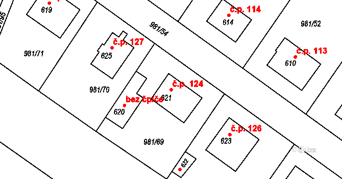 Bělušice 124 na parcele st. 621 v KÚ Bělušice, Katastrální mapa