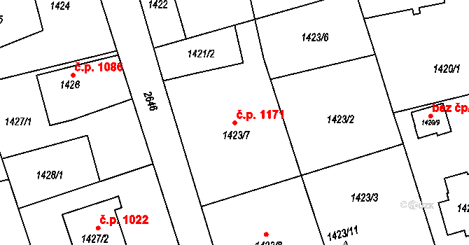 Prostřední Suchá 1171, Havířov na parcele st. 1423/7 v KÚ Prostřední Suchá, Katastrální mapa
