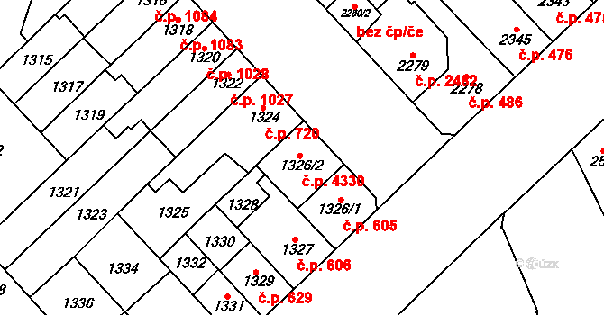 Židenice 4330, Brno na parcele st. 1326/2 v KÚ Židenice, Katastrální mapa