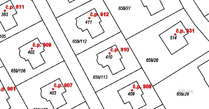 Hlubočinka 910, Sulice na parcele st. 410 v KÚ Sulice, Katastrální mapa