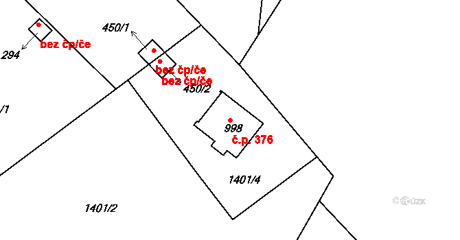 Příluky 376, Zlín na parcele st. 998 v KÚ Příluky u Zlína, Katastrální mapa