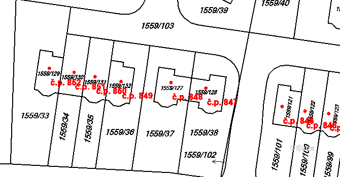 Ďáblice 848, Praha 6 na parcele st. 1559/127 v KÚ Ďáblice, Katastrální mapa