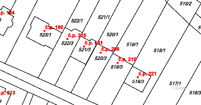 Horákov 206, Mokrá-Horákov na parcele st. 520/3 v KÚ Horákov, Katastrální mapa