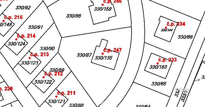 Hlušovice 247 na parcele st. 330/135 v KÚ Hlušovice, Katastrální mapa