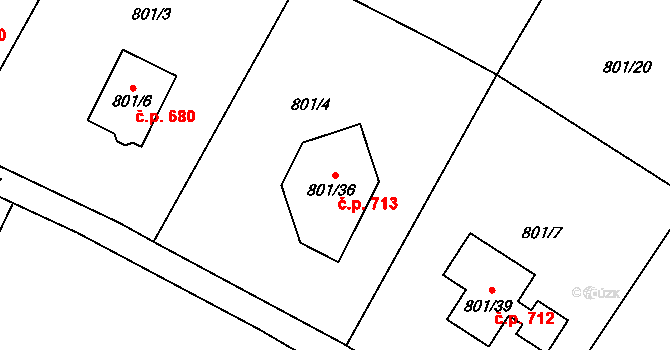 Fryčovice 713 na parcele st. 801/36 v KÚ Fryčovice, Katastrální mapa