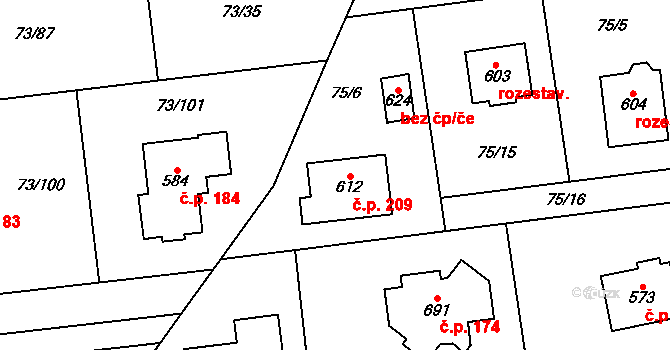 Sibřina 209 na parcele st. 612 v KÚ Sibřina, Katastrální mapa