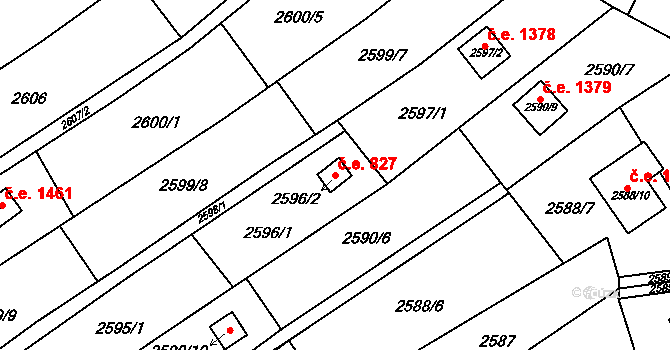 Žebětín 827, Brno na parcele st. 2596/2 v KÚ Žebětín, Katastrální mapa