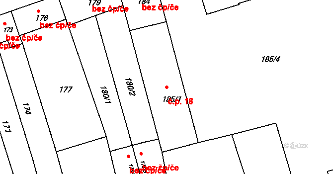 Hrušky 18 na parcele st. 185/1 v KÚ Hrušky u Brna, Katastrální mapa